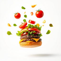 A visually captivating burger with flying ingredients against a clean white background