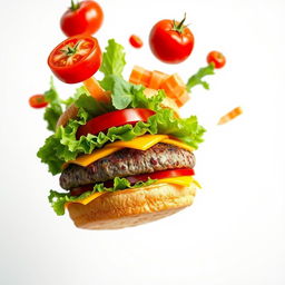 A visually captivating burger with flying ingredients against a clean white background