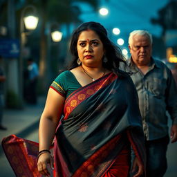 A tense and dramatic scene showcasing a plump Indian female character wearing a vibrant saree, which flows elegantly as she walks through an urban area