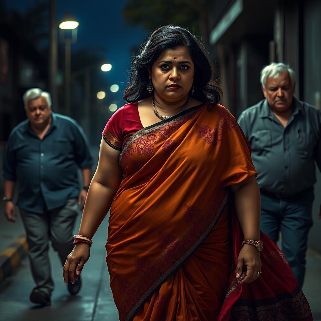 A tense and dramatic scene showcasing a plump Indian female character wearing a vibrant saree, which flows elegantly as she walks through an urban area