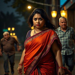 A tense and dramatic scene showcasing a plump Indian female character wearing a vibrant saree, which flows elegantly as she walks through an urban area