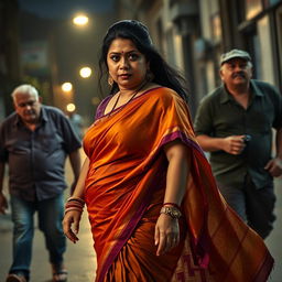 A tense and dramatic scene showcasing a plump Indian female character wearing a vibrant saree, which flows elegantly as she walks through an urban area