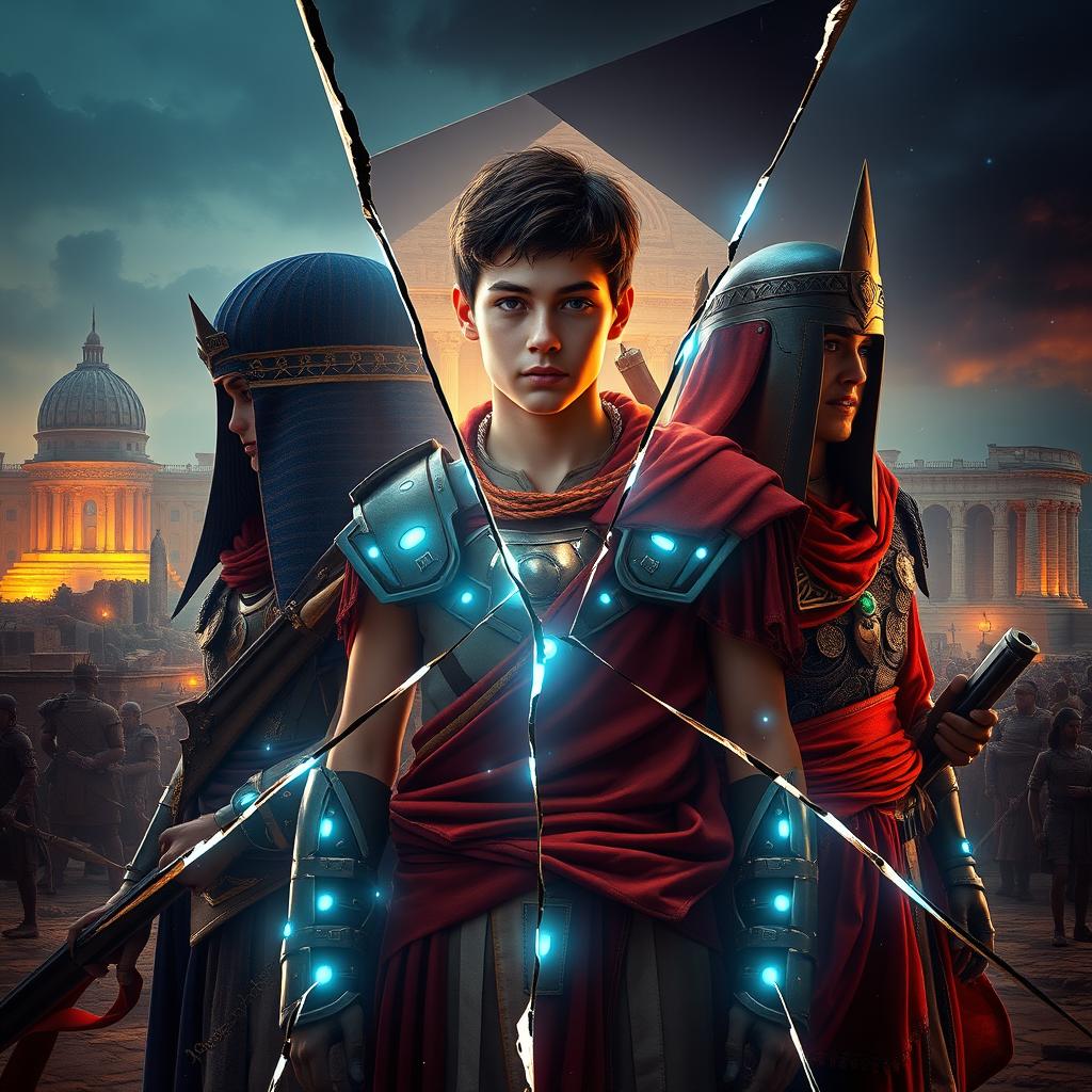 An extraordinary artwork titled 'THREADS OF FATE', depicting a futuristic synthesis of the Roman Empire, ancient Egypt, the Han Dynasty, fallen Jerusalem, and ancient Greece