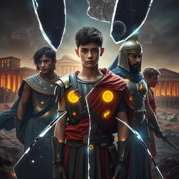 An extraordinary artwork titled 'THREADS OF FATE', depicting a futuristic synthesis of the Roman Empire, ancient Egypt, the Han Dynasty, fallen Jerusalem, and ancient Greece