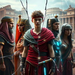 An extraordinary artwork titled 'THREADS OF FATE', depicting a futuristic synthesis of the Roman Empire, ancient Egypt, the Han Dynasty, fallen Jerusalem, and ancient Greece