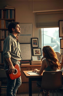 A romantic scene from a novel featuring a handsome man in his early thirties, an engineer and guitarist, standing in a cozy university office filled with books and engineering sketches