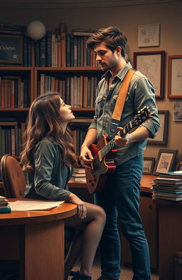 A romantic scene from a novel featuring a handsome man in his early thirties, an engineer and guitarist, standing in a cozy university office filled with books and engineering sketches