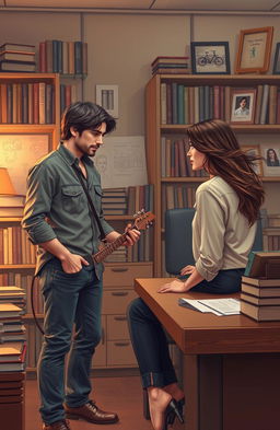 A romantic scene from a novel featuring a handsome man in his early thirties, an engineer and guitarist, standing in a cozy university office filled with books and engineering sketches