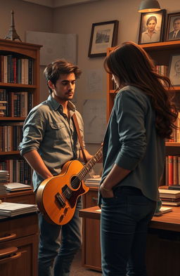 A romantic scene from a novel featuring a handsome man in his early thirties, an engineer and guitarist, standing in a cozy university office filled with books and engineering sketches