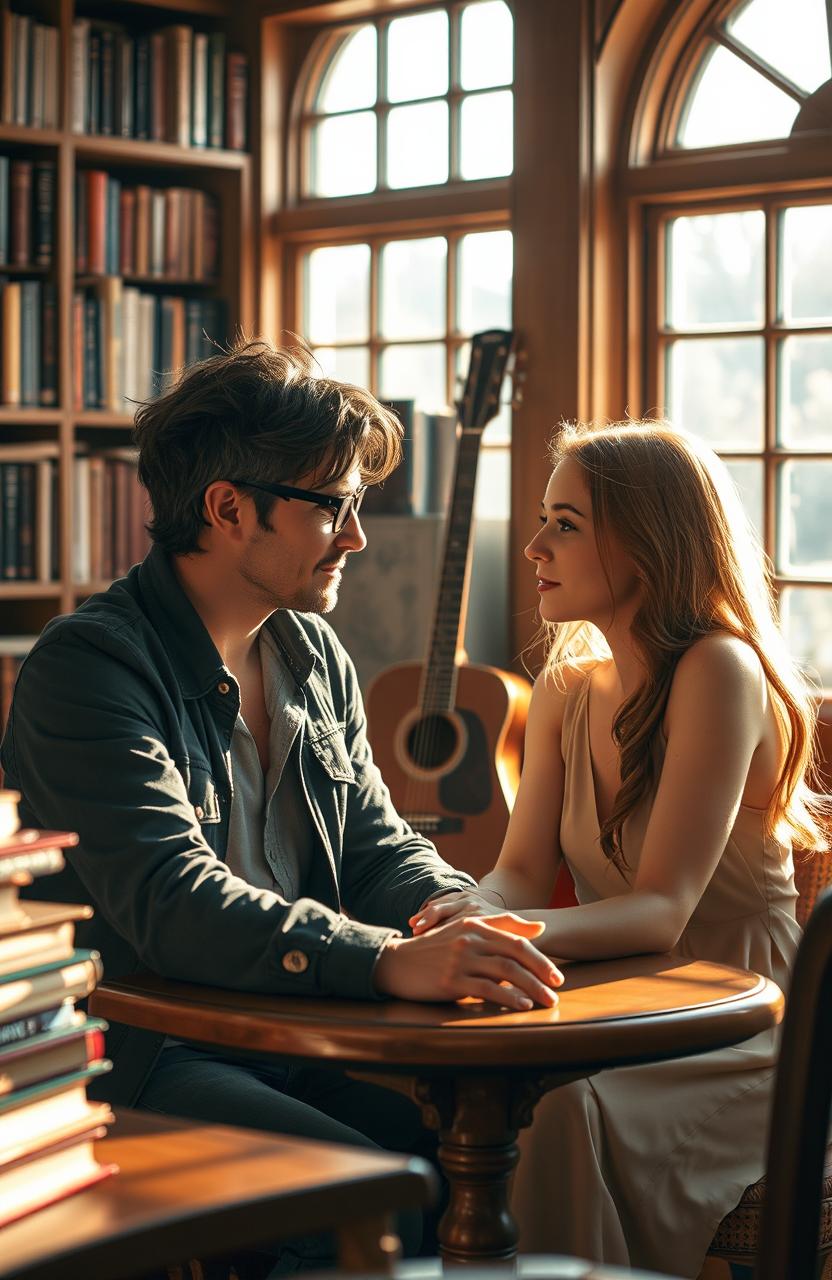 A romantic scene between a charming man, an engineer and guitarist, who is also a professor, and a beautiful woman who is his student