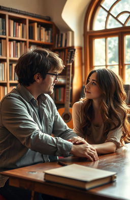 A romantic scene between a charming man, an engineer and guitarist, who is also a professor, and a beautiful woman who is his student