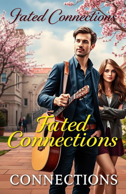 A captivating romance novel cover featuring a handsome man who is an engineer, guitarist, and a professor, standing confidently with a guitar slung over his shoulder