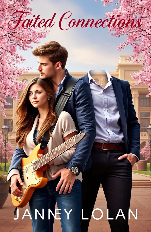 A captivating romance novel cover featuring a handsome man who is an engineer, guitarist, and a professor, standing confidently with a guitar slung over his shoulder