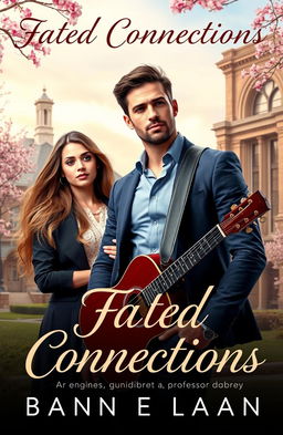 A captivating romance novel cover featuring a handsome man who is an engineer, guitarist, and a professor, standing confidently with a guitar slung over his shoulder