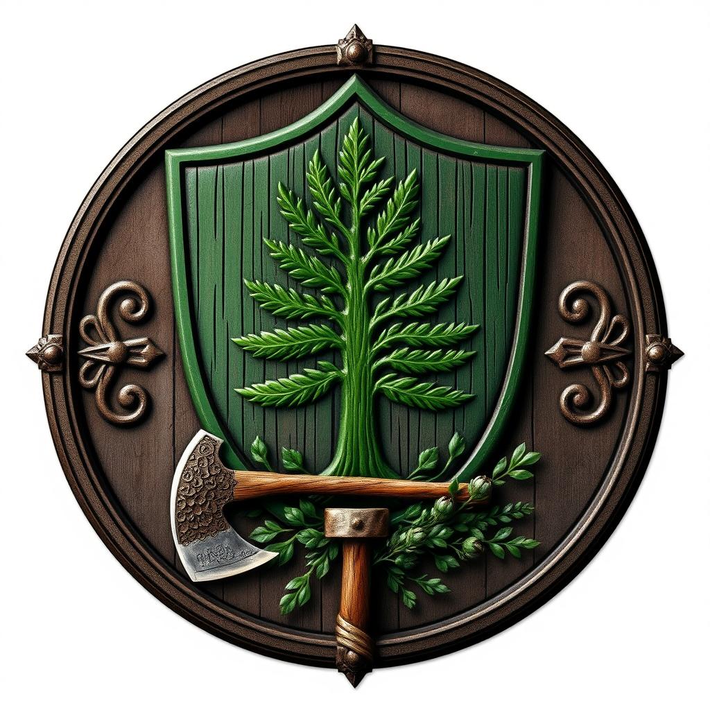 An emblem of a medieval European civilization featuring a shield with a beautifully carved pine tree at its center, embodying strength and resilience