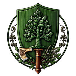 An emblem of a medieval European civilization featuring a shield with a beautifully carved pine tree at its center, embodying strength and resilience