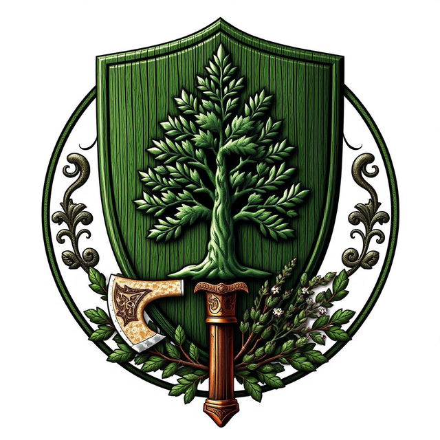 An emblem of a medieval European civilization featuring a shield with a beautifully carved pine tree at its center, embodying strength and resilience