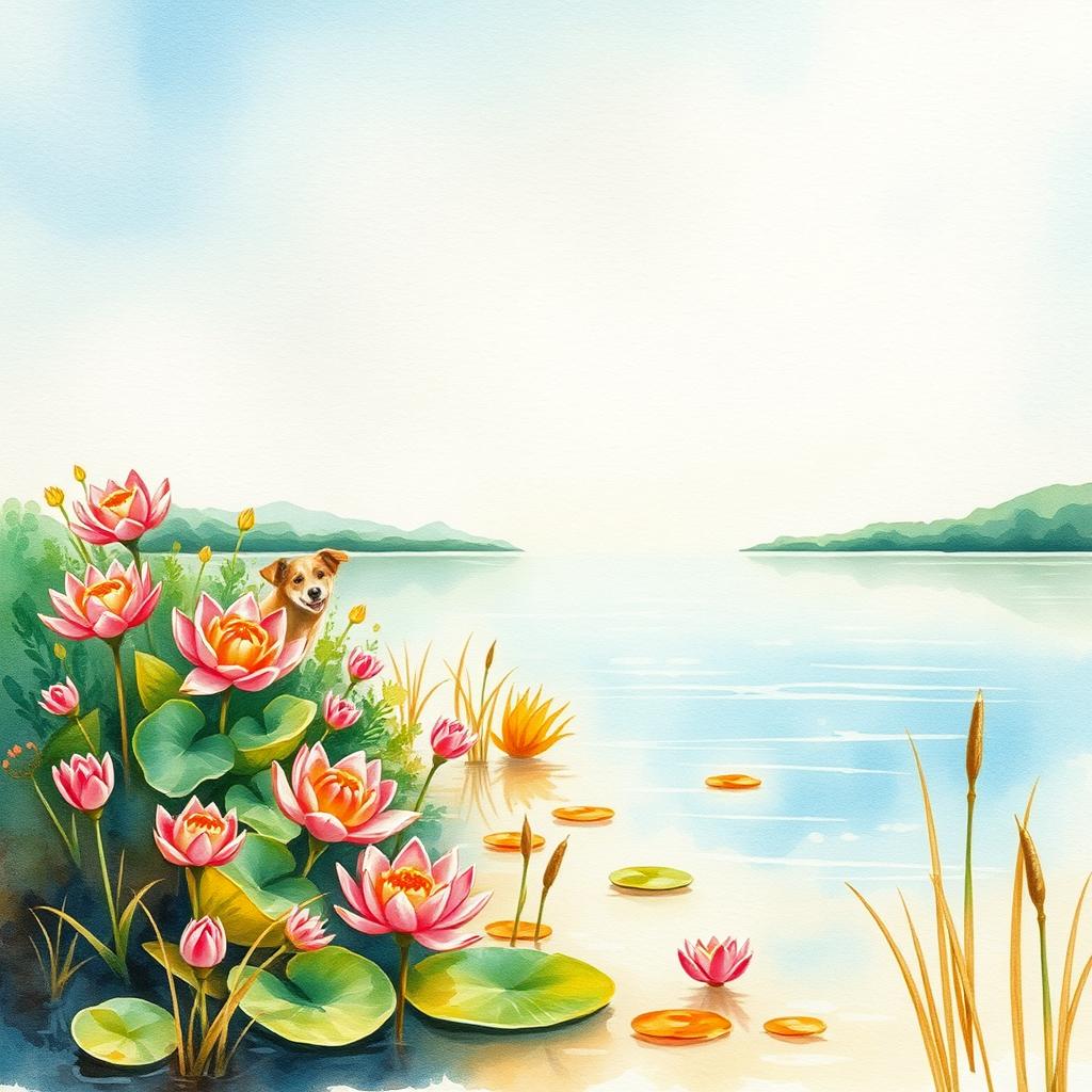 A detailed watercolor illustration of a magical lake during the day, featuring transparent, soft strokes that highlight the lightness and fluidity of the scene