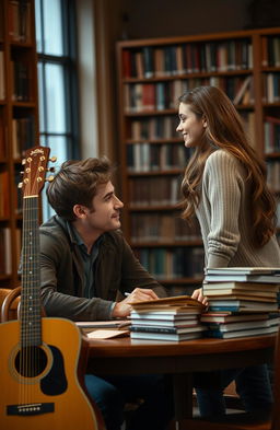 A romantic scene set in a cozy university library with soft, warm lighting