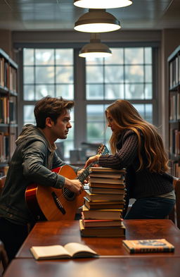 A romantic scene set in a cozy university library with soft, warm lighting