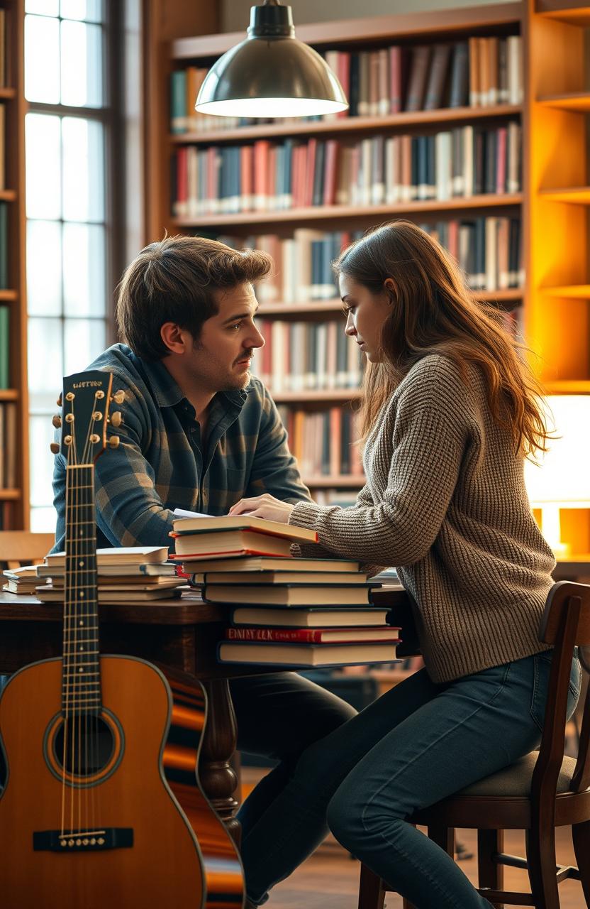 A romantic scene set in a cozy university library with soft, warm lighting