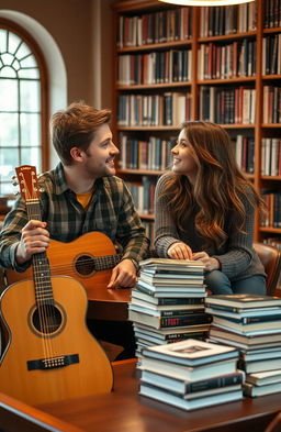 A romantic scene set in a cozy university library with soft, warm lighting