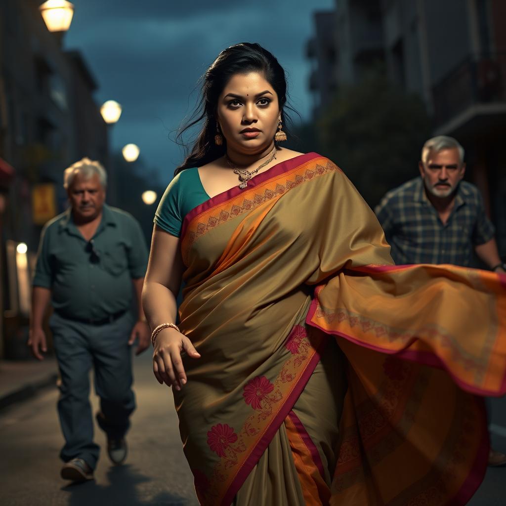 A dramatic and tense scene featuring a plump Indian female character elegantly dressed in a colorful saree that flows gracefully around her