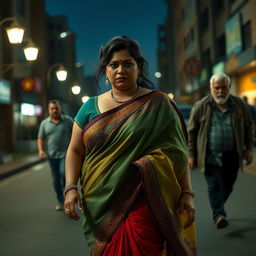 A dramatic and tense scene featuring a plump Indian female character elegantly dressed in a colorful saree that flows gracefully around her