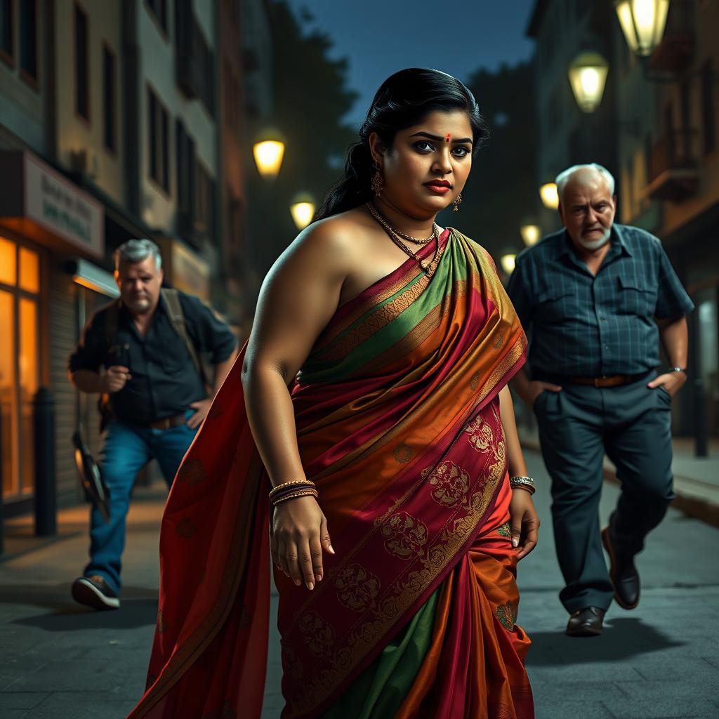 A dramatic and tense scene featuring a plump Indian female character elegantly dressed in a colorful saree that flows gracefully around her