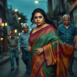 A dramatic and tense scene featuring a plump Indian female character elegantly dressed in a colorful saree that flows gracefully around her