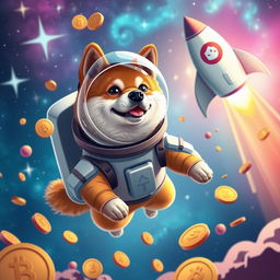 A vibrant digital art piece depicting a shiba inu dog wearing astronaut gear, floating in space surrounded by colorful coins representing cryptocurrency, with a stylized rocket ship featuring Elon Musk's logo soaring in the background