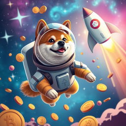 A vibrant digital art piece depicting a shiba inu dog wearing astronaut gear, floating in space surrounded by colorful coins representing cryptocurrency, with a stylized rocket ship featuring Elon Musk's logo soaring in the background