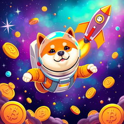 A vibrant digital art piece depicting a shiba inu dog wearing astronaut gear, floating in space surrounded by colorful coins representing cryptocurrency, with a stylized rocket ship featuring Elon Musk's logo soaring in the background