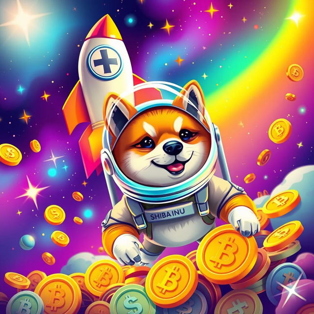 A vibrant digital art piece depicting a shiba inu dog wearing astronaut gear, floating in space surrounded by colorful coins representing cryptocurrency, with a stylized rocket ship featuring Elon Musk's logo soaring in the background