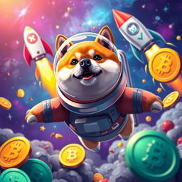 A vibrant digital art piece depicting a shiba inu dog wearing astronaut gear, floating in space surrounded by colorful coins representing cryptocurrency, with a stylized rocket ship featuring Elon Musk's logo soaring in the background