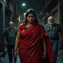 A dramatic and intense scene featuring a plump Indian female character elegantly adorned in a vibrant saree, which drapes beautifully around her as she walks down a dimly lit street