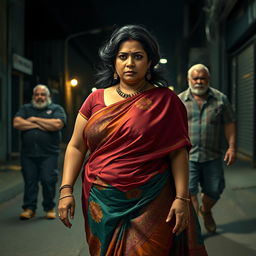 A dramatic and intense scene featuring a plump Indian female character elegantly adorned in a vibrant saree, which drapes beautifully around her as she walks down a dimly lit street