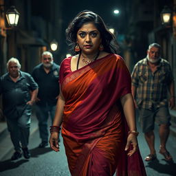 A dramatic and intense scene featuring a plump Indian female character elegantly adorned in a vibrant saree, which drapes beautifully around her as she walks down a dimly lit street