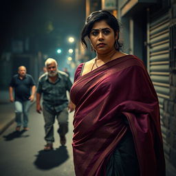 A dramatic and intense scene featuring a plump Indian female character elegantly adorned in a vibrant saree, which drapes beautifully around her as she walks down a dimly lit street