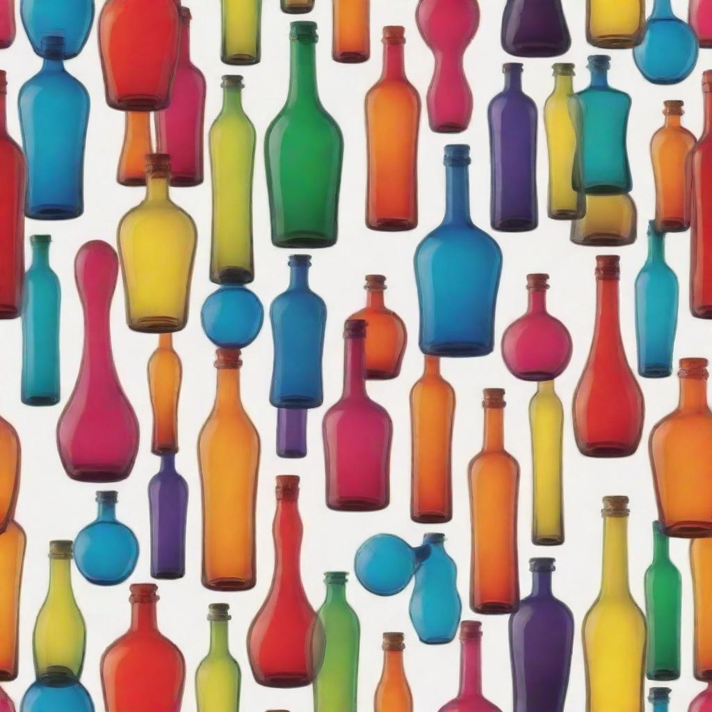 Elegant alcohol bottles of various shapes and sizes, intricately designed and filled with vibrant colored liquids.