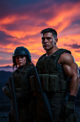 A powerful male and female soldier standing together in a dramatic twilight setting