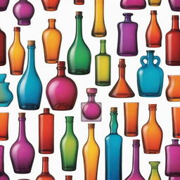 Elegant alcohol bottles of various shapes and sizes, intricately designed and filled with vibrant colored liquids.