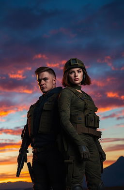 A powerful male and female soldier standing together in a dramatic twilight setting