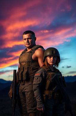 A powerful male and female soldier standing together in a dramatic twilight setting