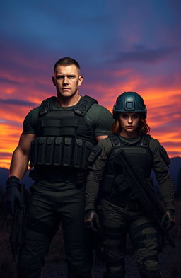 A powerful male and female soldier standing together in a dramatic twilight setting