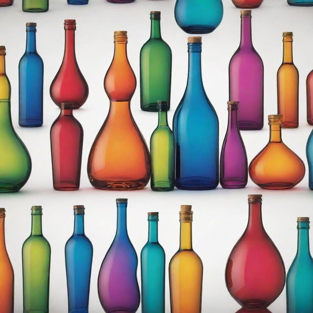 Elegant alcohol bottles of various shapes and sizes, intricately designed and filled with vibrant colored liquids.