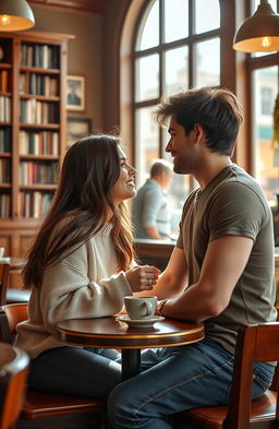 A cozy, warmly lit coffee shop setting filled with rich wooden furniture and the aroma of freshly brewed coffee, where two friends, a man and a woman, are sitting together at a small table