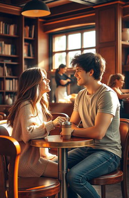 A cozy, warmly lit coffee shop setting filled with rich wooden furniture and the aroma of freshly brewed coffee, where two friends, a man and a woman, are sitting together at a small table