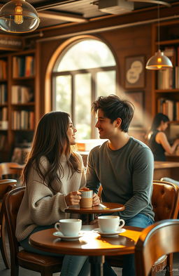 A cozy, warmly lit coffee shop setting filled with rich wooden furniture and the aroma of freshly brewed coffee, where two friends, a man and a woman, are sitting together at a small table