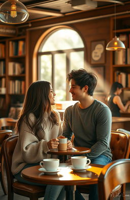 A cozy, warmly lit coffee shop setting filled with rich wooden furniture and the aroma of freshly brewed coffee, where two friends, a man and a woman, are sitting together at a small table